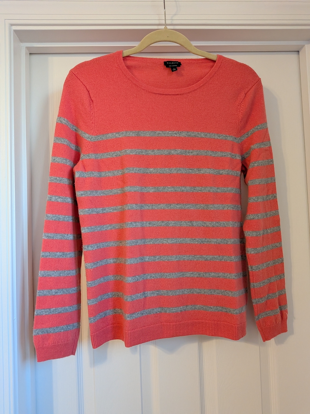 Talbots Coral and Gray Cashmere Striped Crewneck Sweater Top